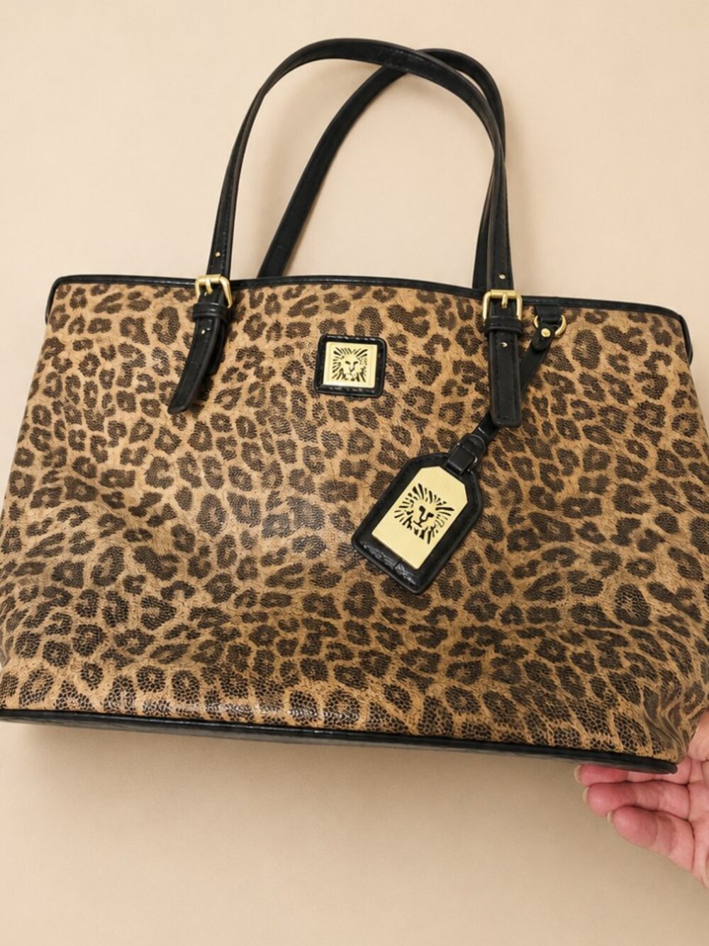 Ann Kline Leopard & Gold Tote w/the iconic Lion Charm